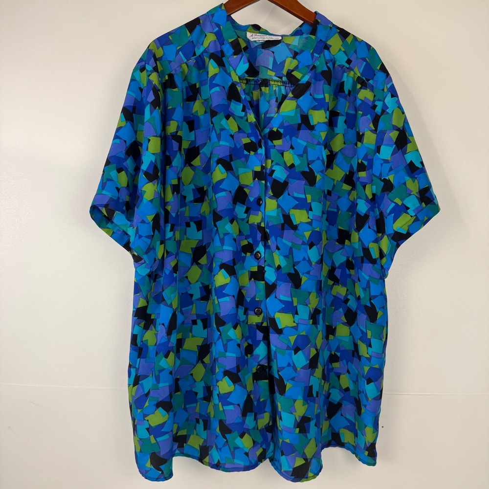 A Personal Touch Tunic Blouse Women 5X Blue Green Mosaic Geometric ButtonTop